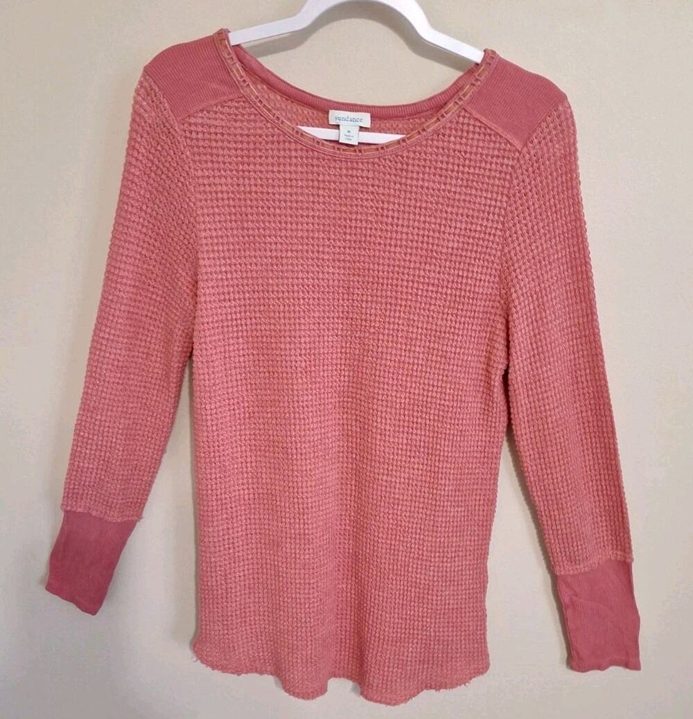 Sundance Pink Coral Waffle Knit Thermal Top Womens Medium Long Sleeve Raw Hem